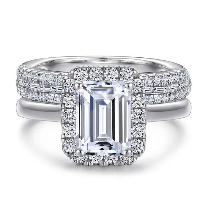2PCS 20ct Emerald Cut Halo Engagement Ring Set in Sterling Silver shine of diamond Rings