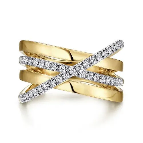 14K WhiteYellow Gold Polished Band and Diamond Row Criss Cross Ring GABRIEL CO Rings 14K WhiteYellow Gold Polished Band and Diamond Row Criss Cross Ring GABRIEL CO Rings