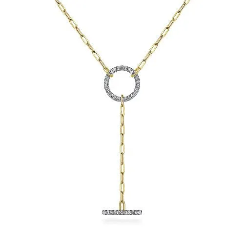 GABRIEL CO 14K Yellow Gold Diamond Circle and Bar YKnot Necklace with Hollow Paperclip Chain Necklaces GABRIEL CO 14K Yellow Gold Diamond Circle and Bar YKnot Necklace with Hollow Paperclip Chain Necklaces