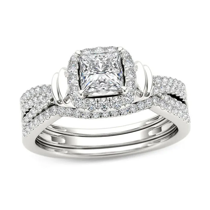 1 CT TW PrincessCut Diamond Frame MultiRow Three Piece Bridal Engagement Ring Set in 14K White Gold Goldiacom Rings 1 CT TW PrincessCut Diamond Frame MultiRow Three Piece Bridal Engagement Ring Set in 14K White Gold Goldiacom Rings