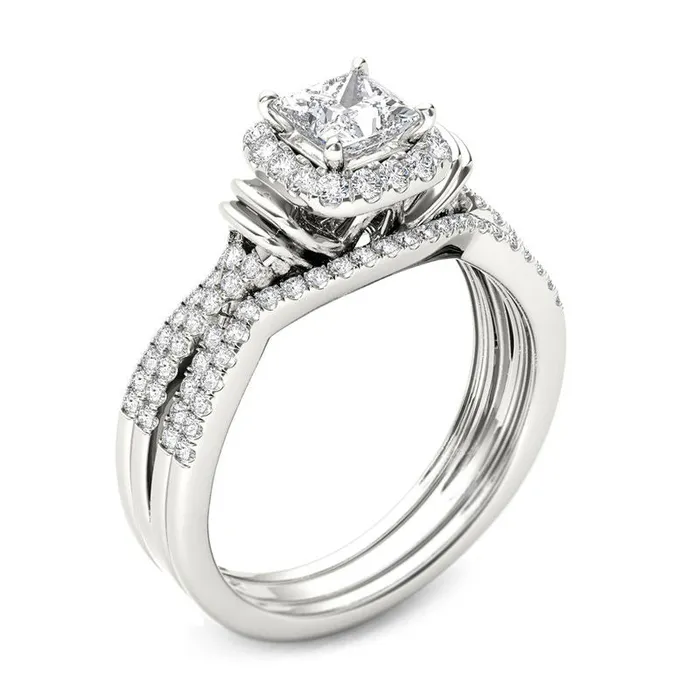 1 CT TW PrincessCut Diamond Frame MultiRow Three Piece Bridal Engagement Ring Set in 14K White Gold Goldiacom Rings