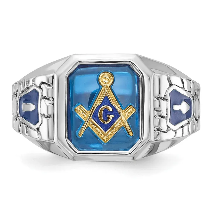 14k White Gold Mens Polished and Textured Blue Lodge Master Masonic Ring Mounting Goldia Rings