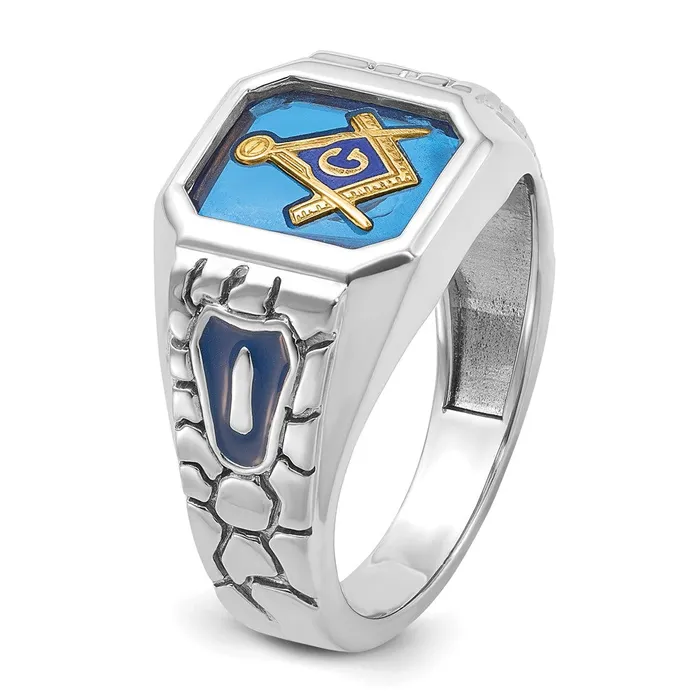 14k White Gold Mens Polished and Textured Blue Lodge Master Masonic Ring Mounting Goldia Rings