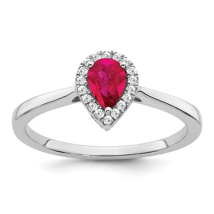 14k White Gold Pear Ruby and Real Diamond Halo Ring Goldia Rings