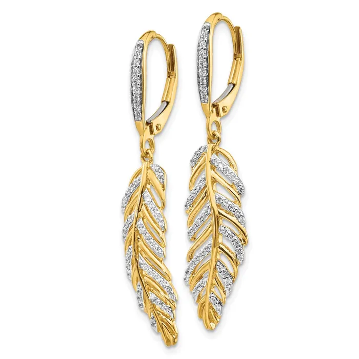 14k Yellow Gold Real Diamond Fancy Feather Leverback Earrings Goldia Earrings