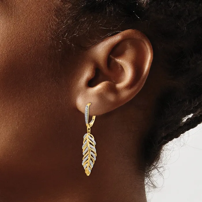 14k Yellow Gold Real Diamond Fancy Feather Leverback Earrings Goldia Earrings