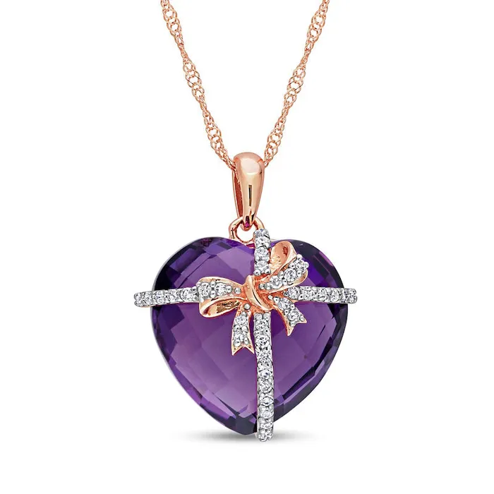 Checkerboard HeartShaped Amethyst and 013 CT TW Natural Diamond Gift Bow Overlay Pendant in 10K Rose Gold 17 Goldia Necklaces Checkerboard HeartShaped Amethyst and 013 CT TW Natural Diamond Gift Bow Overlay Pendant in 10K Rose Gold 17 Goldia Necklaces