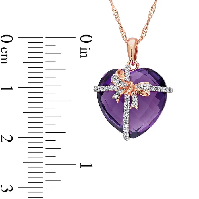 Checkerboard HeartShaped Amethyst and 013 CT TW Natural Diamond Gift Bow Overlay Pendant in 10K Rose Gold 17 Goldia Necklaces Checkerboard HeartShaped Amethyst and 013 CT TW Natural Diamond Gift Bow Overlay Pendant in 10K Rose Gold 17 Goldia Necklaces