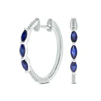 Earrings Goldia Marquise LabCreated Blue Sapphire and 007 CT TW Diamond Three Stone Huggie Hoop Earrings in Sterling Silver Earrings Goldia Marquise LabCreated Blue Sapphire and 007 CT TW Diamond Three Stone Huggie Hoop Earrings in Sterling Silver