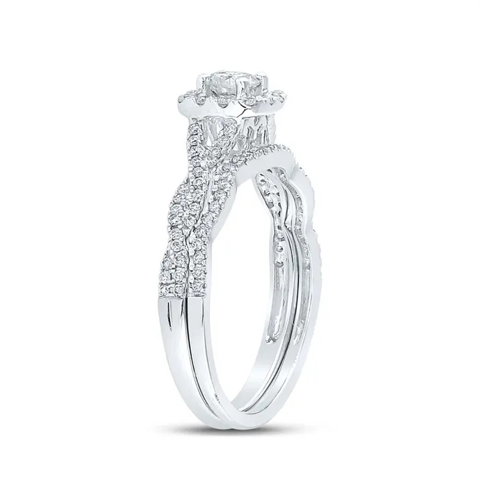 gndatlanta 14k White Gold Round Diamond Twist Halo Bridal Wedding Ring Set 58 Cttw Certified Rings