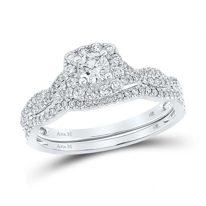 gndatlanta 14k White Gold Round Diamond Twist Halo Bridal Wedding Ring Set 58 Cttw Certified Rings