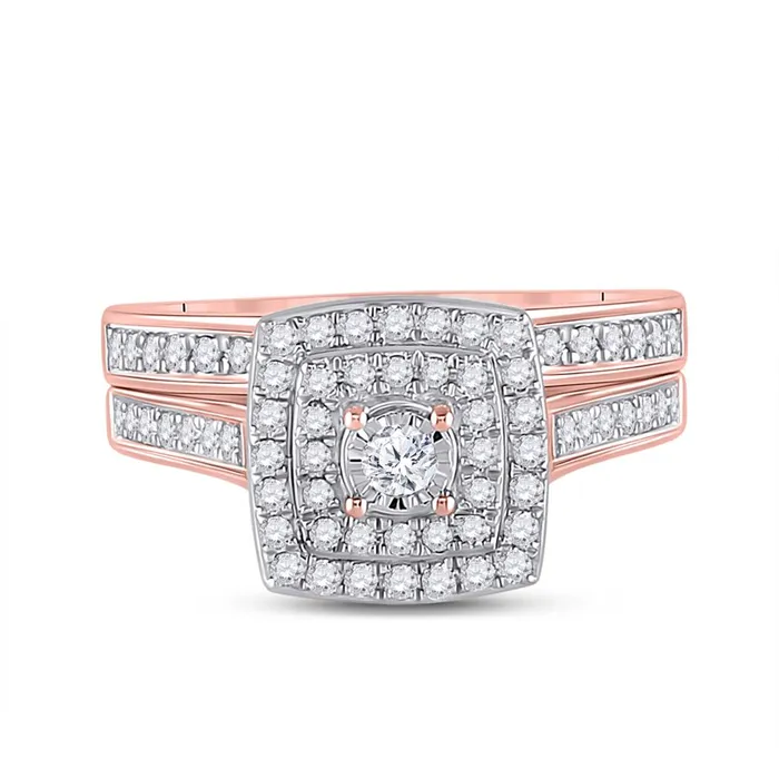 gndatlanta Rings 10k Rose Gold Round Diamond Halo Bridal Wedding Ring Set 12 Cttw