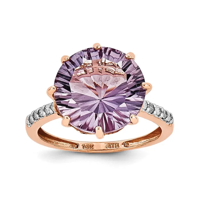 Goldia 14K Rose Gold Pink Quartz and Real Diamond Ring Rings