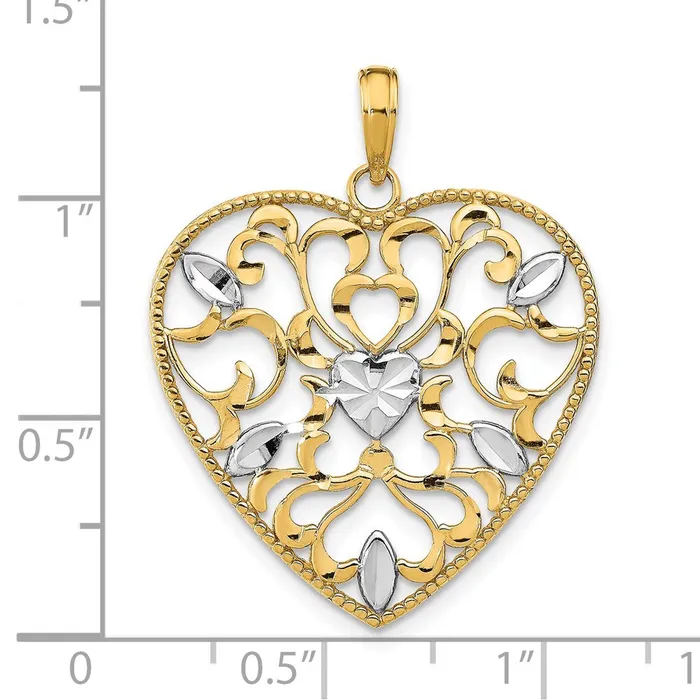 Goldia 14k Yellow u0026 Rhodium Gold wRhodium Filigree Leaf Accent Heart Charm Charm Necklaces