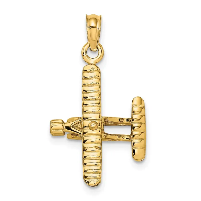 Goldia Charm Necklaces 14k Yellow Gold 3D BiPlane with Ribbed Wings Charm Goldia Charm Necklaces 14k Yellow Gold 3D BiPlane with Ribbed Wings Charm