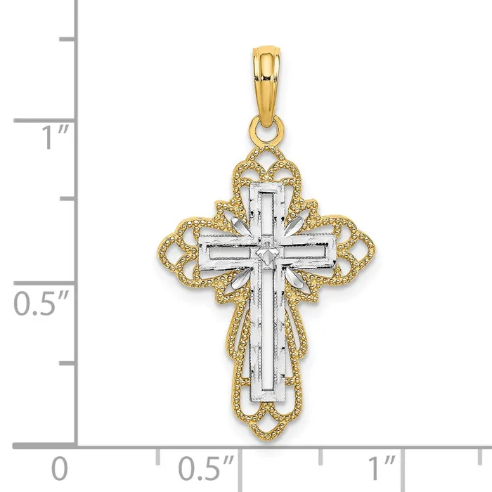 Goldia Charm Necklaces 14k Yellow Rhodium Gold W Rhodium Lace Trim Cross Charm
