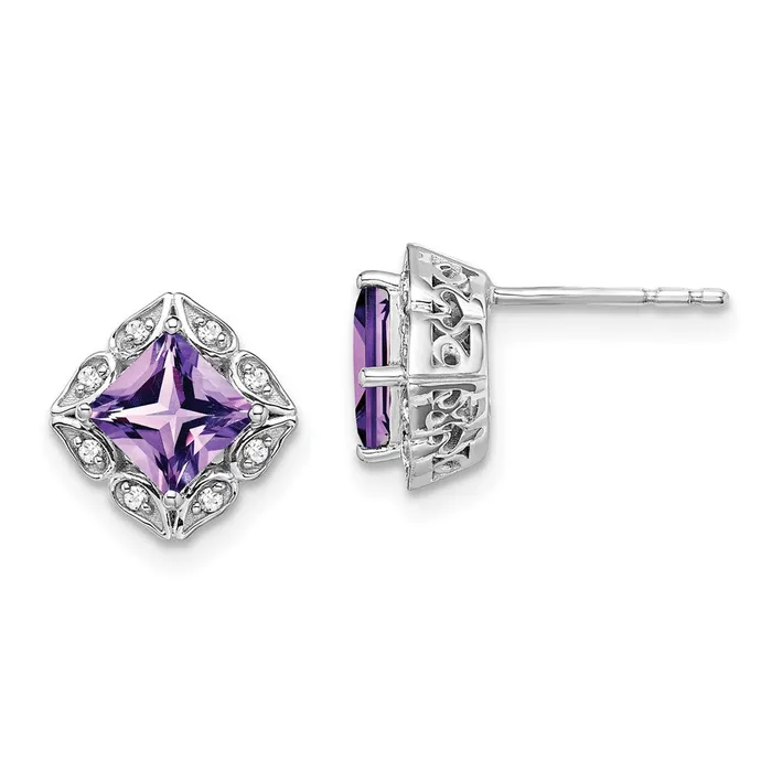Goldia Earrings 14k White Gold Square Amethyst and Real Diamond Earrings