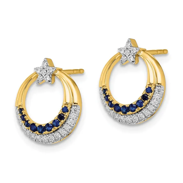 Goldia Earrings 14k Yellow Gold Polished Sapphire and Real Diamond Star and Circle Post Earrings
