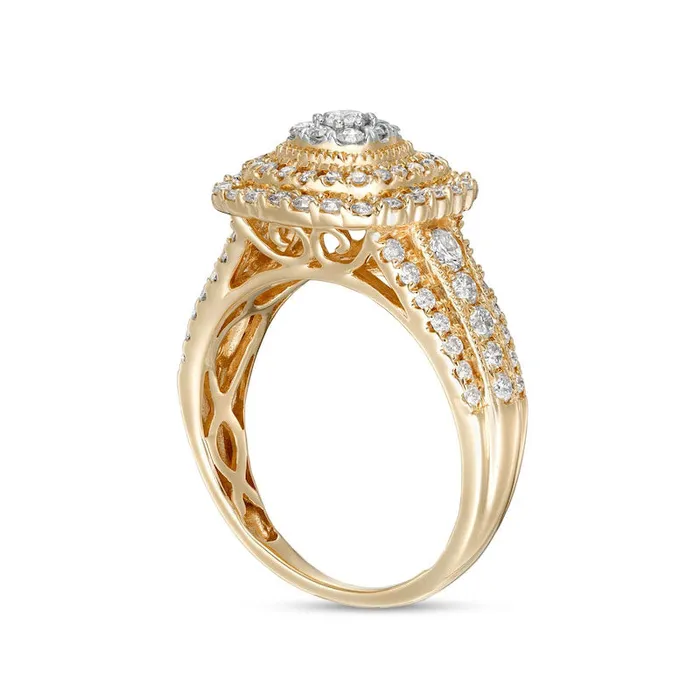 Goldia Rings 10 CT TW Composite CushionShaped Natural Diamond Double Frame MultiRow Engagement Ring in Solid 10K Yellow Gold