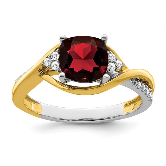 Goldia Rings Solid 14k Twotone Cushion Simulated Garnet and CZ Ring