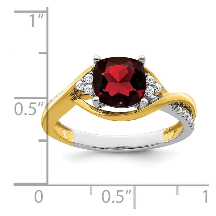 Goldia Rings Solid 14k Twotone Cushion Simulated Garnet and CZ Ring