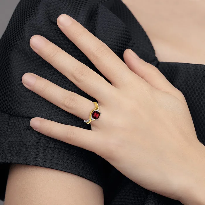Goldia Rings Solid 14k Twotone Cushion Simulated Garnet and CZ Ring