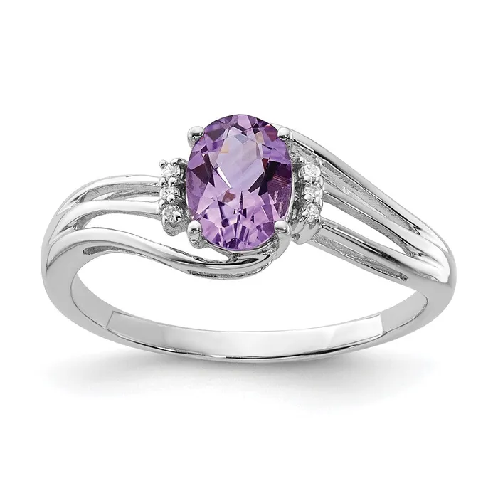 Goldia Rings Sterling Silver Rhodium Plated Diamond and Amethyst Oval Ring