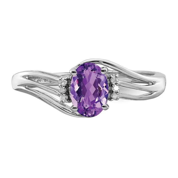 Goldia Rings Sterling Silver Rhodium Plated Diamond and Amethyst Oval Ring