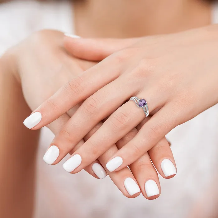 Goldia Rings Sterling Silver Rhodium Plated Diamond and Amethyst Oval Ring