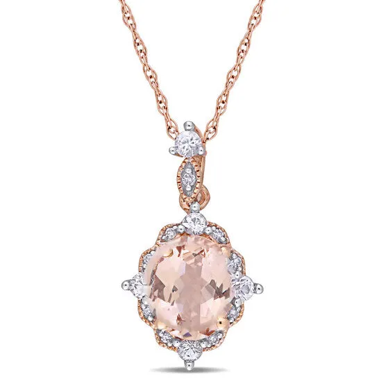 Original AMOUR Ovalcut Morganite White Sapphire and Diamond Accent Vintage Drop Necklace In 10K Rose Gold JMS always Necklaces Original AMOUR Ovalcut Morganite White Sapphire and Diamond Accent Vintage Drop Necklace In 10K Rose Gold JMS always Necklaces