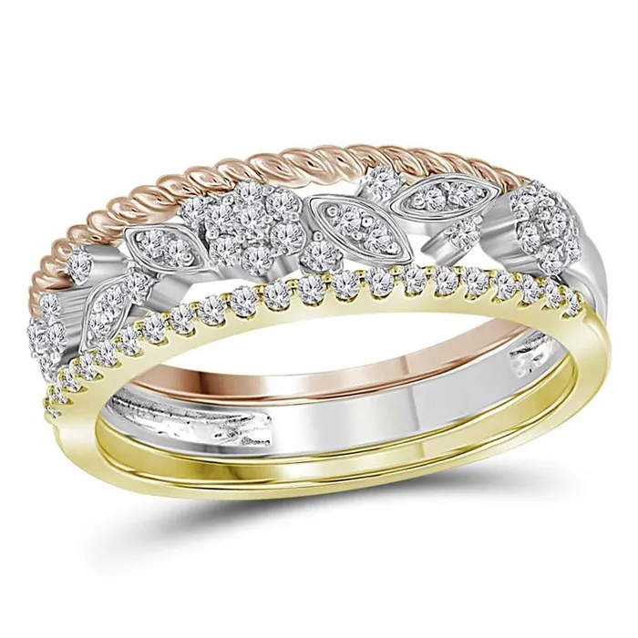 Rings gndatlanta 10k TriTone Gold Round Diamond Rope Floral 3Piece Stackable Band Set 14 Cttw