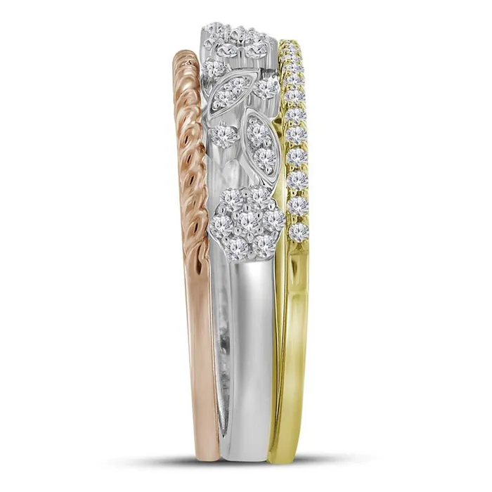 Rings gndatlanta 10k TriTone Gold Round Diamond Rope Floral 3Piece Stackable Band Set 14 Cttw