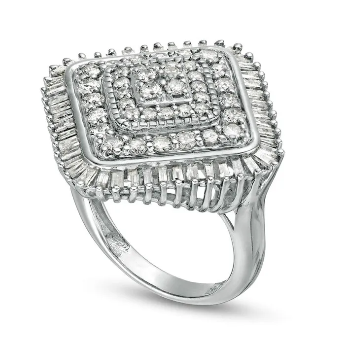 Rings Goldia 20 CT TW Baguette and Round Composite Natural Diamond Cushion Frame Ring in Sterling Silver