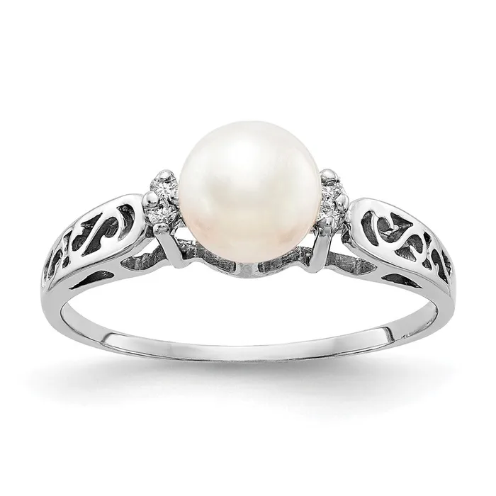 Rings Goldiacom 14k White Gold 6mm FW Cultured PearlAA Real Diamond Polished Ring Rings Goldiacom 14k White Gold 6mm FW Cultured PearlAA Real Diamond Polished Ring
