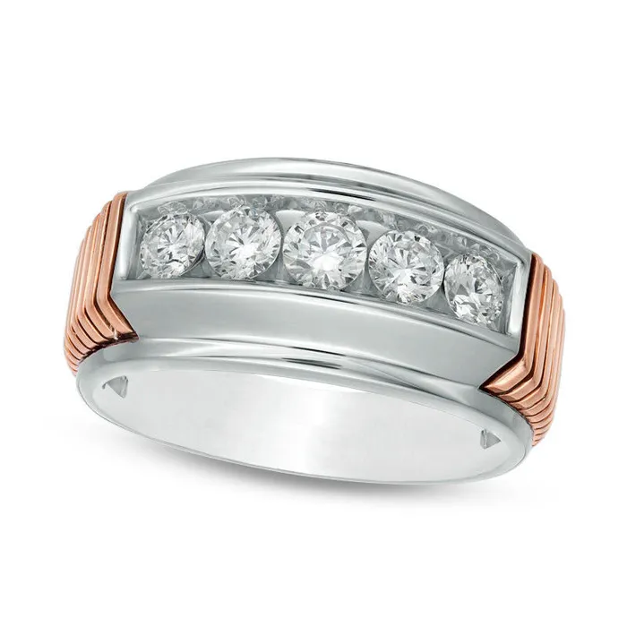 Rings Goldia Mens 10 CT TW Natural Diamond Five Stone Rose Ribbed Wedding Band in Solid 14K TwoTone Gold Rings Goldia Mens 10 CT TW Natural Diamond Five Stone Rose Ribbed Wedding Band in Solid 14K TwoTone Gold