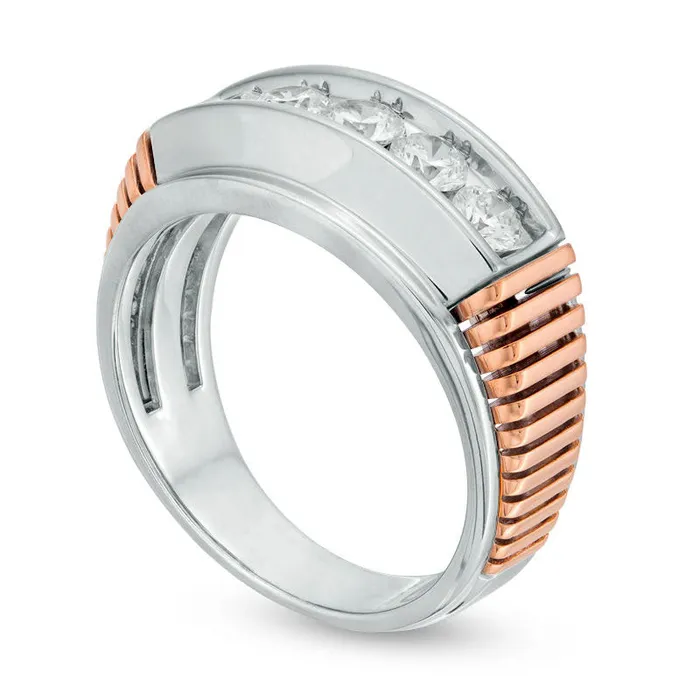 Rings Goldia Mens 10 CT TW Natural Diamond Five Stone Rose Ribbed Wedding Band in Solid 14K TwoTone Gold Rings Goldia Mens 10 CT TW Natural Diamond Five Stone Rose Ribbed Wedding Band in Solid 14K TwoTone Gold