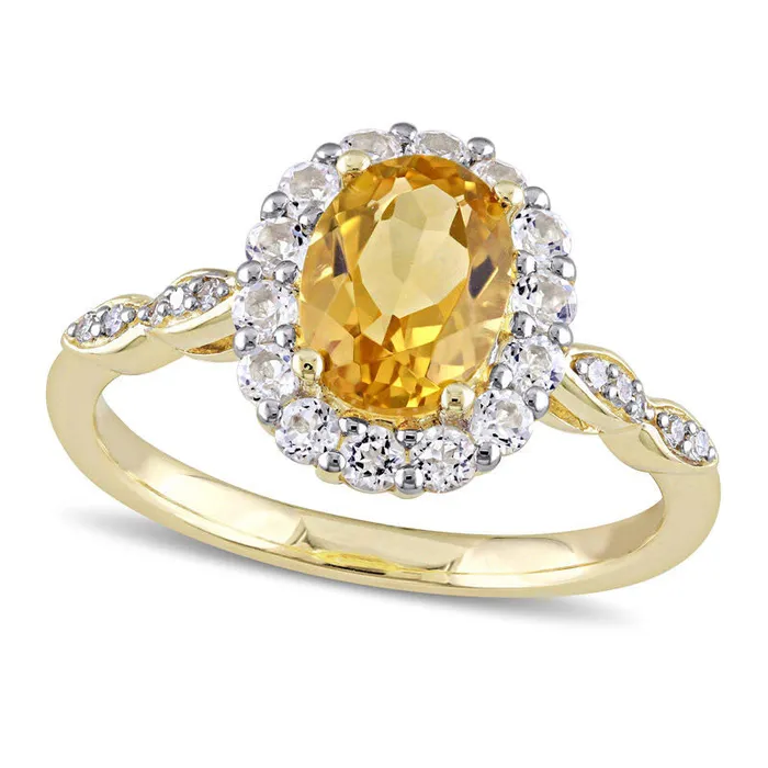 Rings Oval Citrine White Topaz and Natural Diamond Accent Frame Ring in Solid 14K Gold Goldia