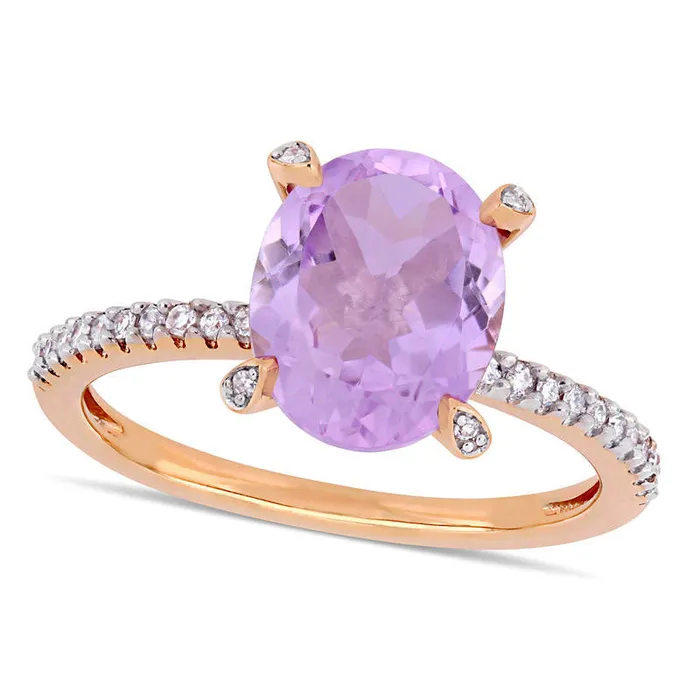 Rings Oval Rose de France Amethyst and 010 CT TW Natural Diamond Engagement Ring in Solid 10K Rose Gold Goldia Rings Oval Rose de France Amethyst and 010 CT TW Natural Diamond Engagement Ring in Solid 10K Rose Gold Goldia