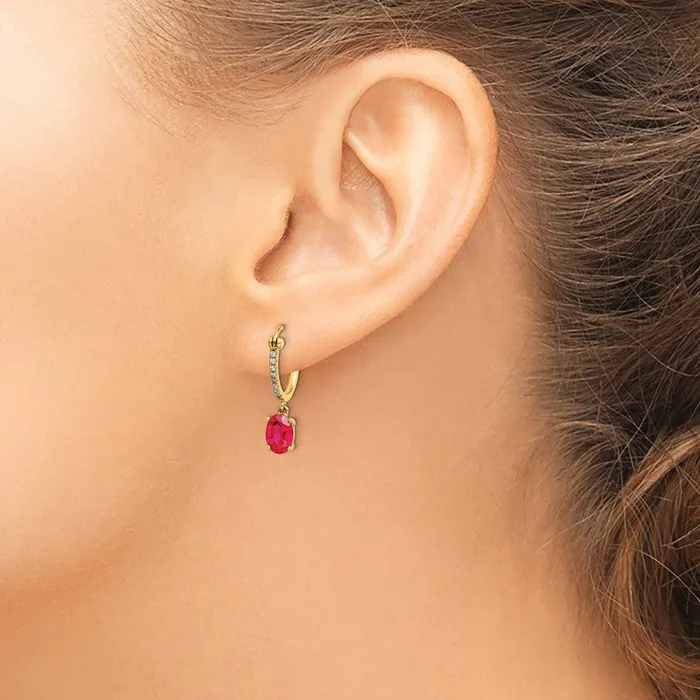 Solid 14k Yellow Gold 110ct Simulated CZ and Ruby Dangle Hoop Earrings Goldia Earrings