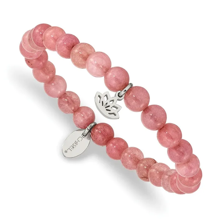 Bracelets TreasureFineJewelers Chisel Stainless Steel Polished Lotus 6mm Pink Jade Beaded Stretch Bracelet Bracelets TreasureFineJewelers Chisel Stainless Steel Polished Lotus 6mm Pink Jade Beaded Stretch Bracelet