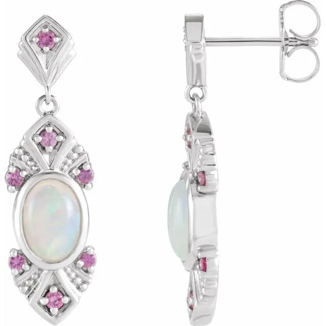 Earrings TreasureFineJewelers 14K White Gold Natural Ethiopian Opal Natural Pink Sapphire VintageInspired Earrings Earrings TreasureFineJewelers 14K White Gold Natural Ethiopian Opal Natural Pink Sapphire VintageInspired Earrings