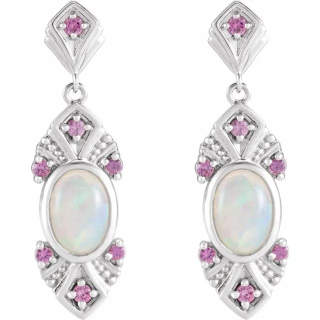 Earrings TreasureFineJewelers 14K White Gold Natural Ethiopian Opal Natural Pink Sapphire VintageInspired Earrings