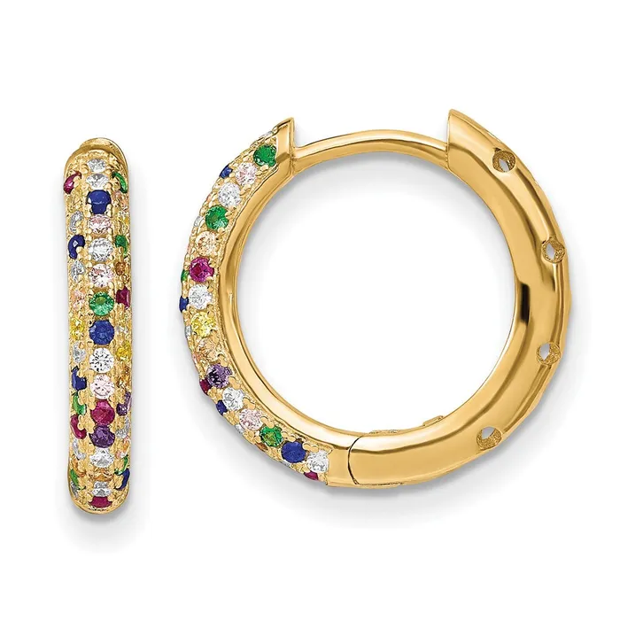 Earrings TreasureFineJewelers Prizma Sterling Silver Goldtone 14K Flash Goldplated White and Colorful CZ Small Hinged Hoop Earrings Earrings TreasureFineJewelers Prizma Sterling Silver Goldtone 14K Flash Goldplated White and Colorful CZ Small Hinged Hoop Earrings