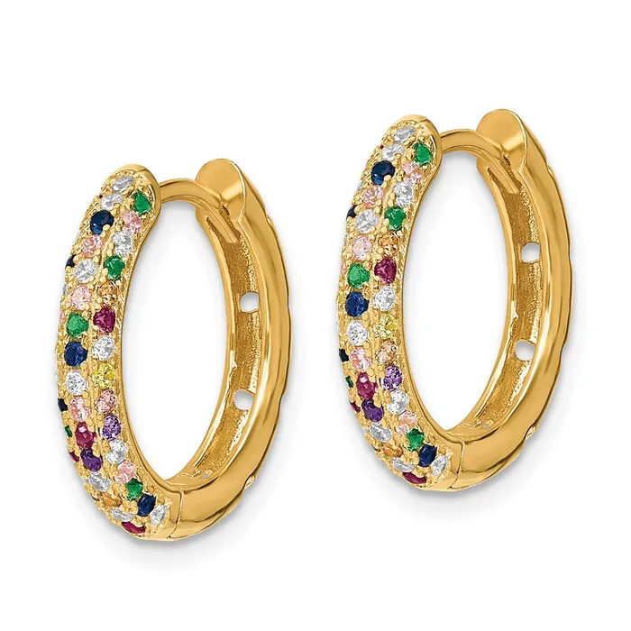Earrings TreasureFineJewelers Prizma Sterling Silver Goldtone 14K Flash Goldplated White and Colorful CZ Small Hinged Hoop Earrings