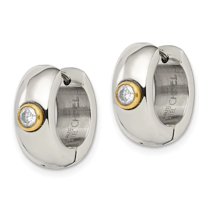 Earrings TreasureFineJewelers Stainless Steel Polished Yellow IPplated wCZ 7mm Hinged Hoop Earrings