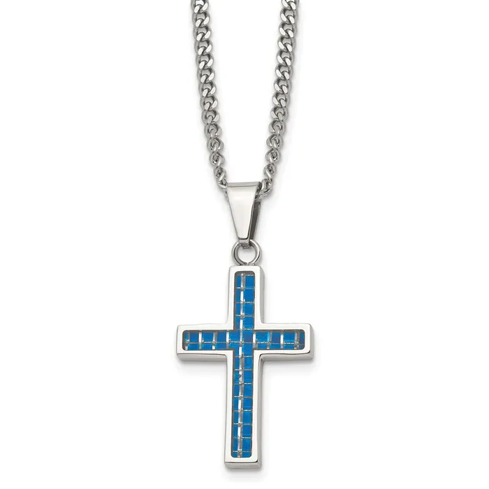 Necklaces Chisel Stainless Steel Polished with Blue Carbon Fiber Inlay Cross Pendant on a 20 inch Curb Chain Necklace TreasureFineJewelers