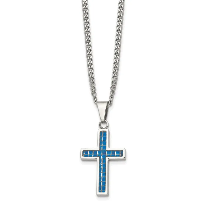 Necklaces Chisel Stainless Steel Polished with Blue Carbon Fiber Inlay Cross Pendant on a 20 inch Curb Chain Necklace TreasureFineJewelers
