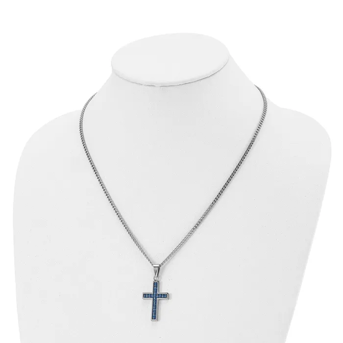 Necklaces Chisel Stainless Steel Polished with Blue Carbon Fiber Inlay Cross Pendant on a 20 inch Curb Chain Necklace TreasureFineJewelers