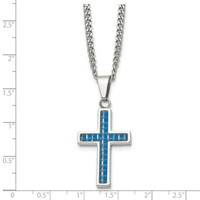 Necklaces Chisel Stainless Steel Polished with Blue Carbon Fiber Inlay Cross Pendant on a 20 inch Curb Chain Necklace TreasureFineJewelers