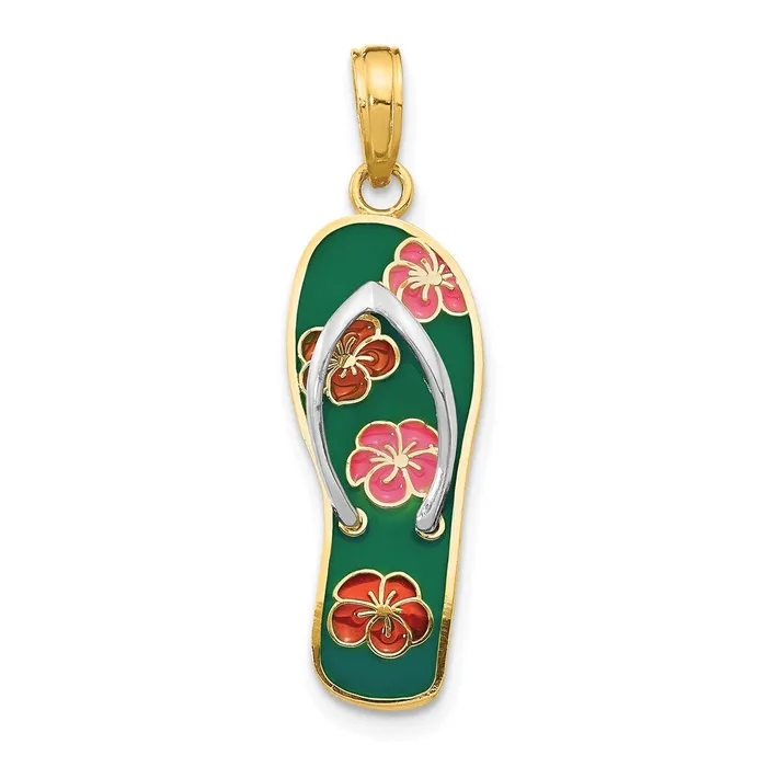 Necklaces TreasureFineJewelers 14k Yellow Gold Rhodium Rhodium 3D Enameled Flowers On Green Flip Flop Pendant Necklaces TreasureFineJewelers 14k Yellow Gold Rhodium Rhodium 3D Enameled Flowers On Green Flip Flop Pendant